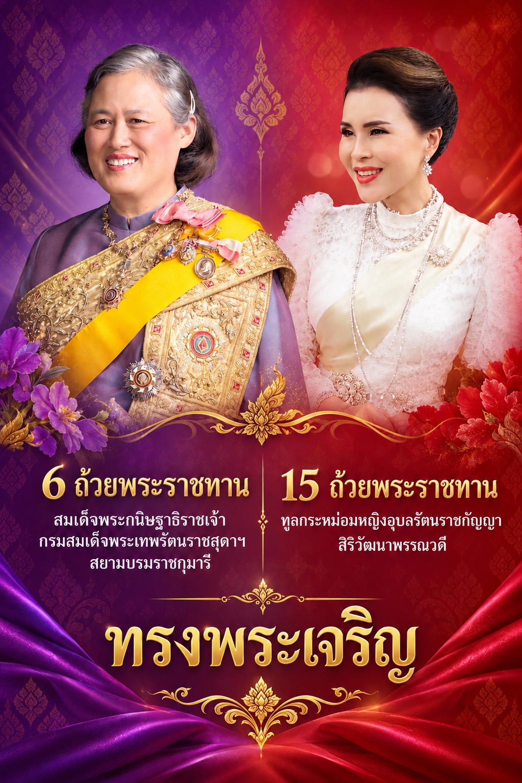 6 ถ้วยพระราชทาน สมเด็จพระกนิษฐาธิราชเจ้า กรมสมเด็จพระเทพรัตนราชสุดาฯ สยามบรมราชกุมารี และ 15 ถ้วยพระราชทาน ทูลกระหม่อมหญิงอุบลรัตนราชกัญญา สิริวัฒนาพรรณวดี ทรงพระเจริญ